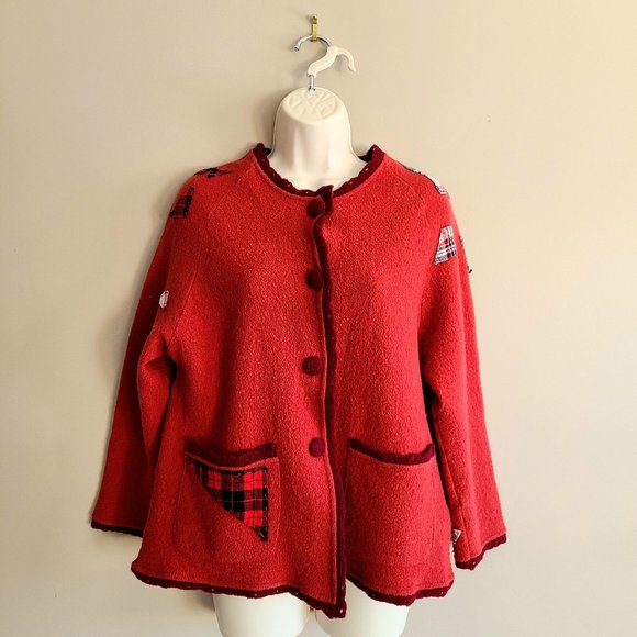 Vintage April Cornell red 100% wool sweater/cardigan with applique design. - Picture 1 of 9